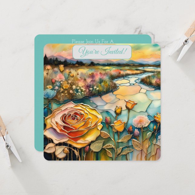 Invitación Golden Rosa River Valley Sunrise Bridal (Anverso/Reverso In Situ)