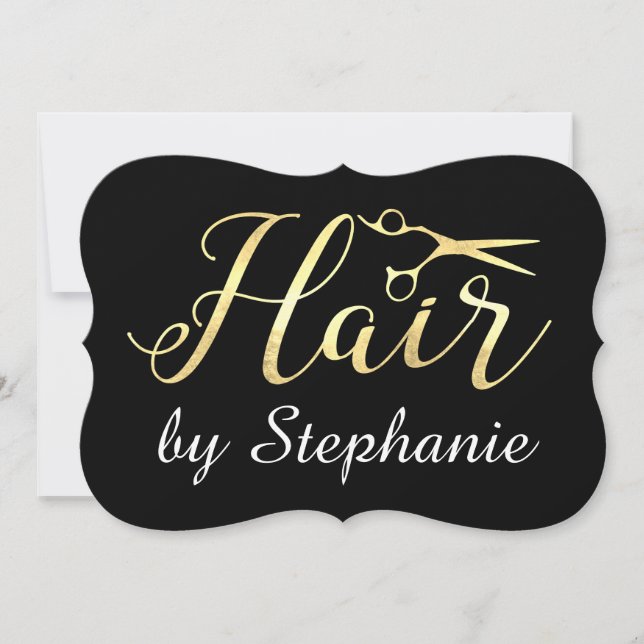 Invitación Golden Script tijeras Hairstylist Hair Salon (Anverso)