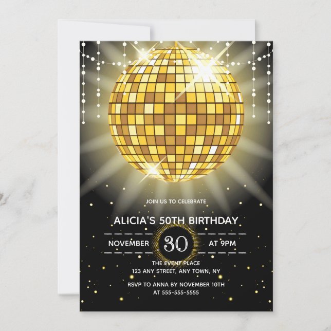Invitación Golden Shiny Disco Ball Nacimiento Negro (Anverso)