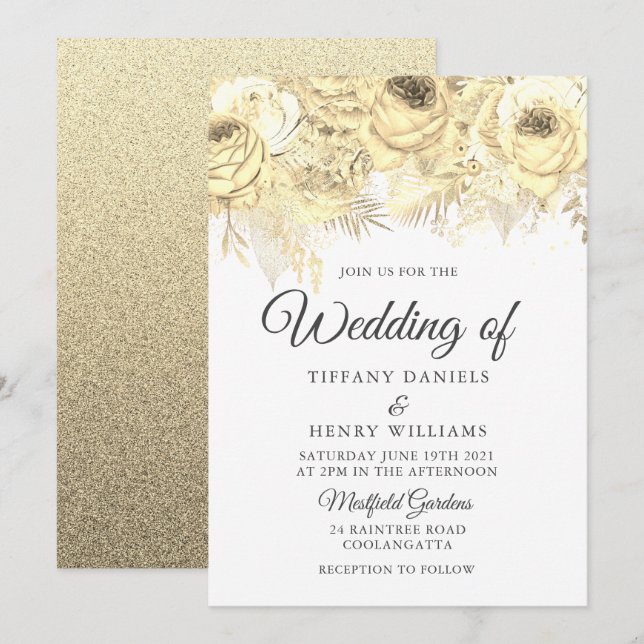 Invitación Golden Sparkle Floral Elegant Wedding (Anverso / Reverso)