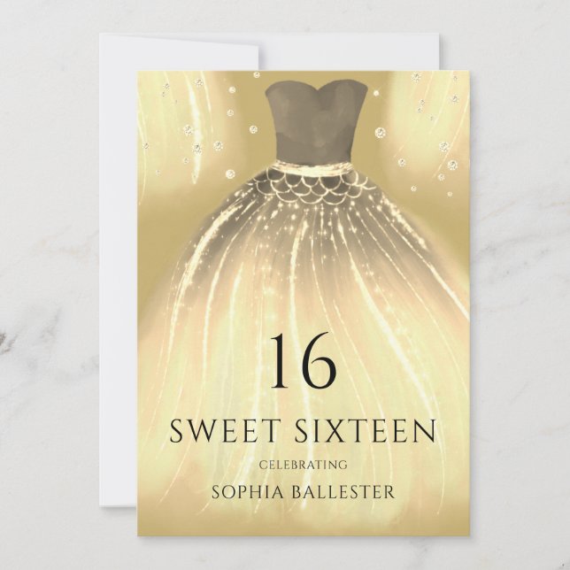 Invitación Golden Sparkle Mermaid Vestido dulce 16 Fiesta (Anverso)