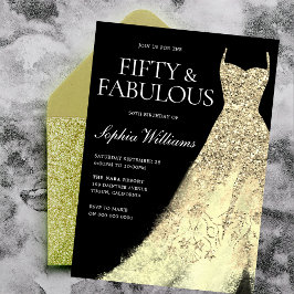 Invitación Golden Sparkle Vestido Black 50th Birthday Party