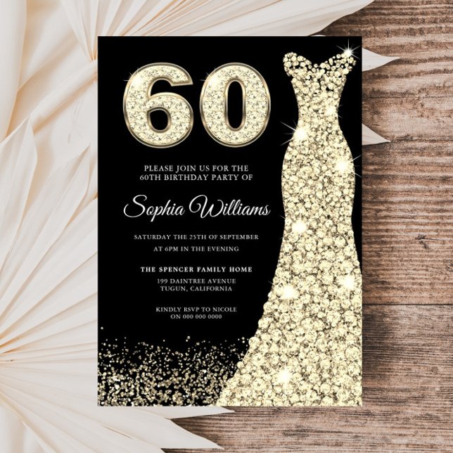 Invitación Golden Sparkle Vestido Black 60th Birthday Party (Subido por el creador)