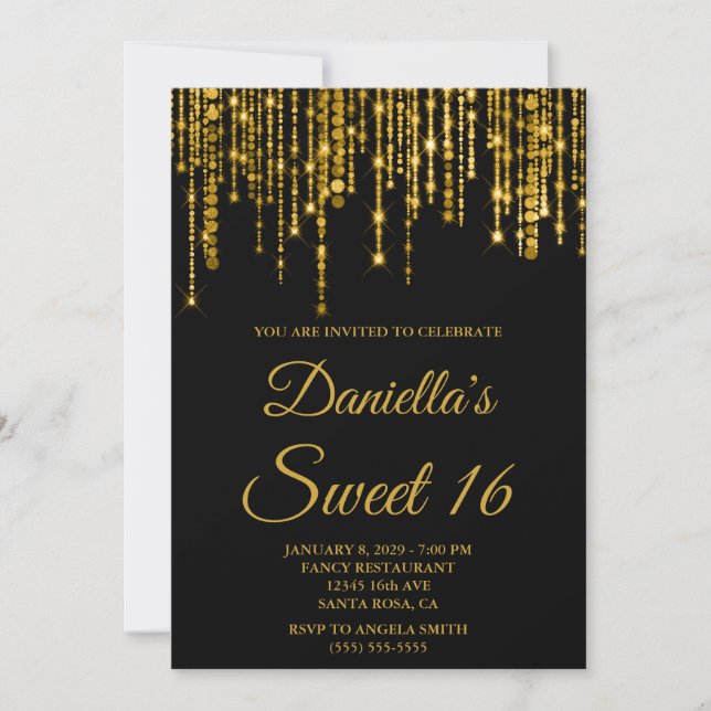 Invitación Golden Sparkly String Lights Black Sweet 16 (Anverso)