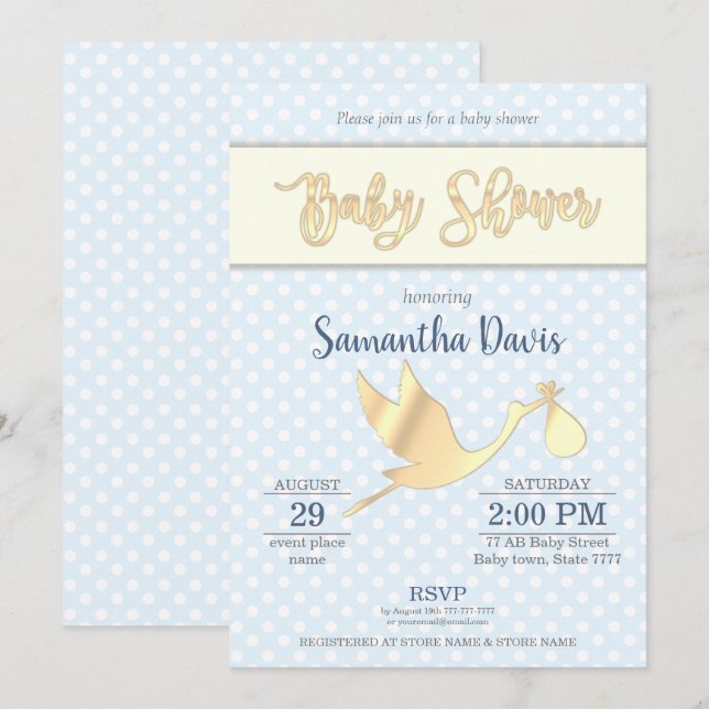 Invitación Golden Stork Baby Boy Baby Shower (Anverso / Reverso)