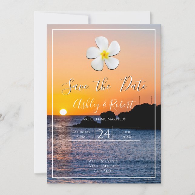 Invitación Golden Sunset de la Flor Blanca Plumeria, salva la (Anverso)