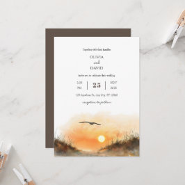 Invitación Golden Sunset Sandy Dunes Watercolor Beach Wedding