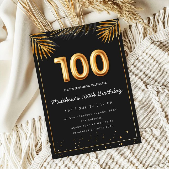 Invitación Golden Tropical Palm Leaves 100th Birthday  (Subido por el creador)