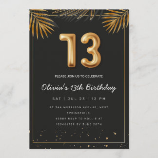 Invitación Golden Tropical Palm Leaves 13th Birthday 