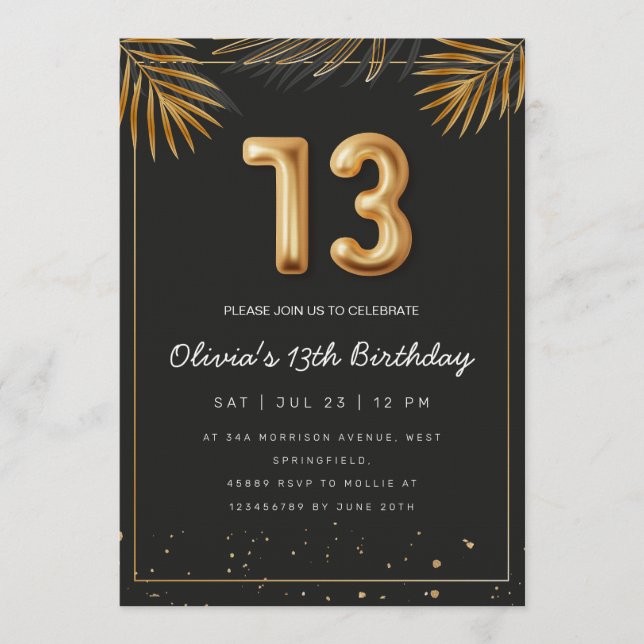 Invitación Golden Tropical Palm Leaves 13th Birthday  (Anverso)