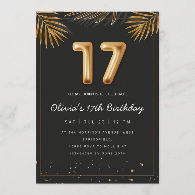 Invitación Golden Tropical Palm Leaves 17th Birthday  (Anverso)