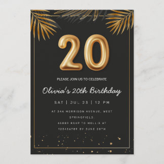 Invitación Golden Tropical Palm Leaves 20th Birthday 