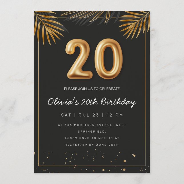 Invitación Golden Tropical Palm Leaves 20th Birthday  (Anverso)