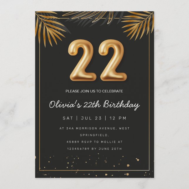 Invitación Golden Tropical Palm Leaves 22th Birthday  (Anverso)