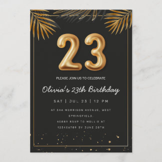 Invitación Golden Tropical Palm Leaves 23th Birthday 