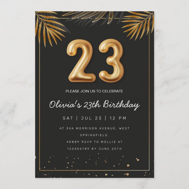 Invitación Golden Tropical Palm Leaves 23th Birthday  (Anverso)