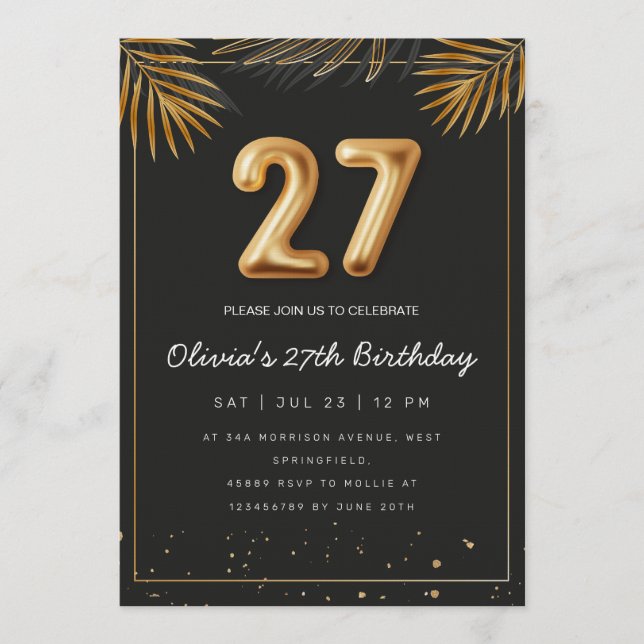 Invitación Golden Tropical Palm Leaves 27th Birthday  (Anverso)