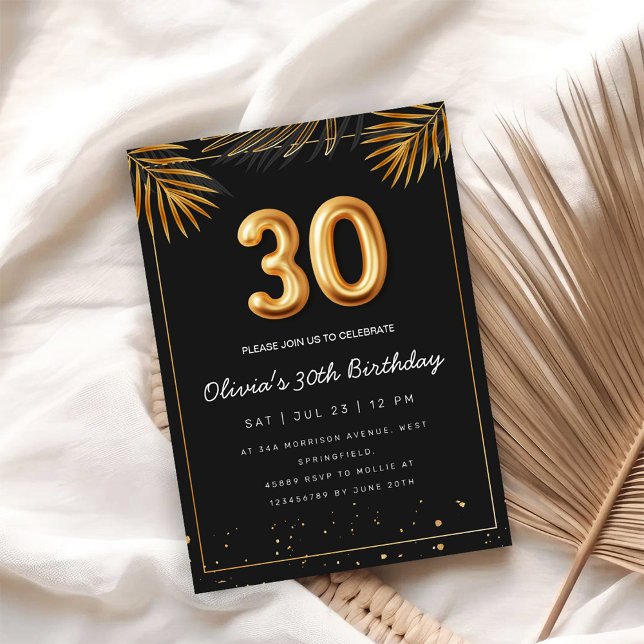 Invitación Golden Tropical Palm Leaves 30th Birthday  (Subido por el creador)