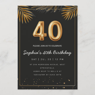 Invitación Golden Tropical Palm Leaves 40th Birthday 