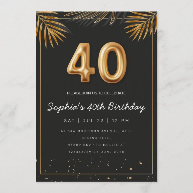 Invitación Golden Tropical Palm Leaves 40th Birthday  (Anverso)