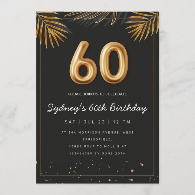 Invitación Golden Tropical Palm Leaves 60th Birthday  (Anverso)