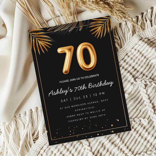 Invitación Golden Tropical Palm Leaves 70th Birthday  (Subido por el creador)