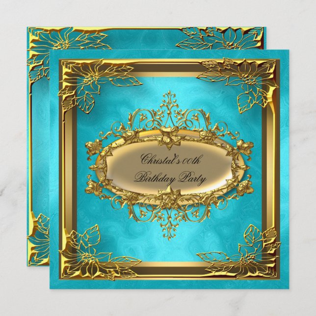 Invitación Golden Turquoise Elite Elegant Birthday Party (Anverso / Reverso)