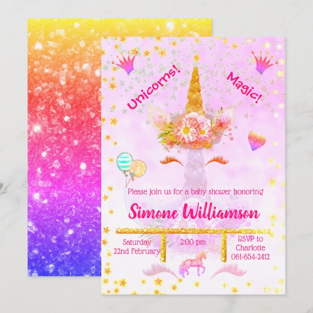 Invitación Golden Unicorn, Purpurina del arcoiris personaliza (Anverso / Reverso)