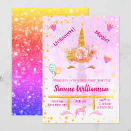Invitación Golden Unicorn, Purpurina del arcoiris personaliza