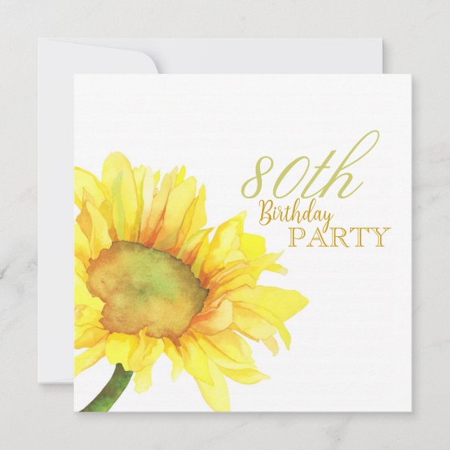 Invitación Golden Watercolor Sunflowers 80ª fiesta de cumplea (Anverso)