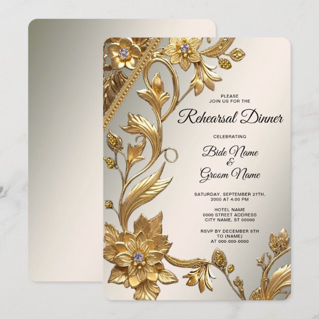 Invitación Golden Wavy deja la cena de ensayo floral (Anverso / Reverso)