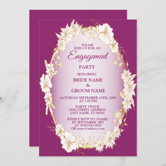 Invitación Golden White Floral Pink Rustic Engagement Party  (Anverso / Reverso)