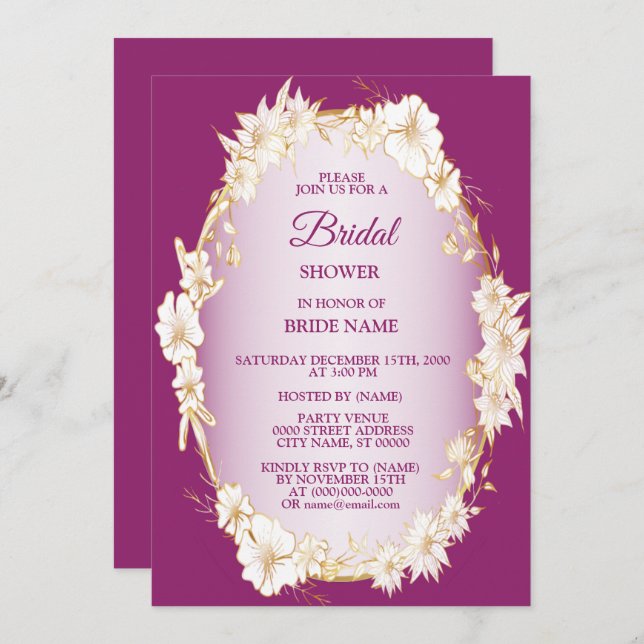 Invitación Golden White Floral Pink Wedding Bridal Shower (Anverso / Reverso)