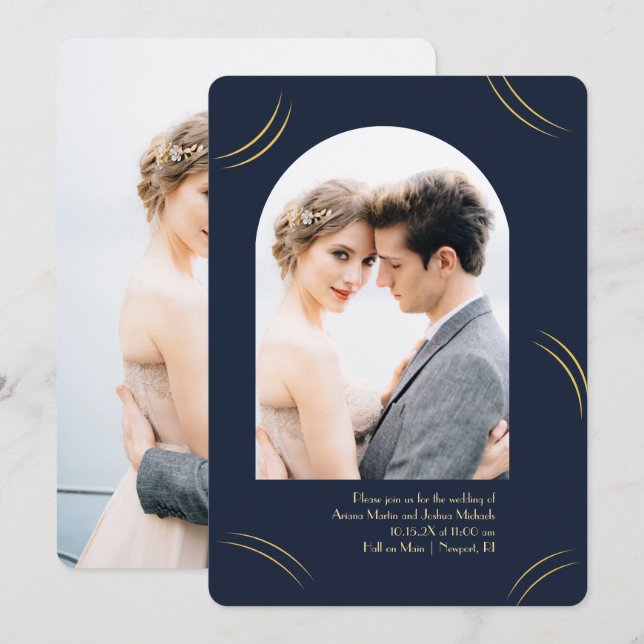 Invitación Golden Wisps Dos Bodas de foto azul oscuro (Anverso / Reverso)