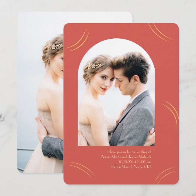 Invitación Golden Wisps Dos Bodas Rojos Foto (Anverso / Reverso)