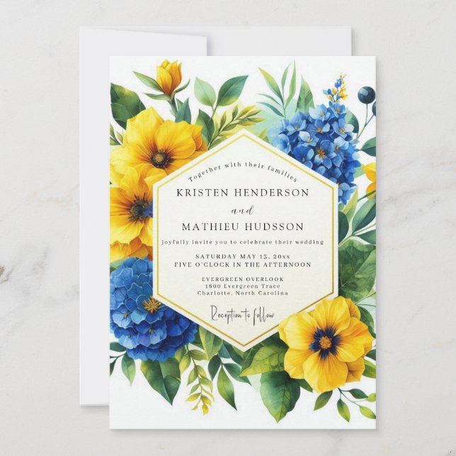 Invitación Golden Yellow Blue Bloom Wedding (Anverso)