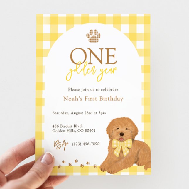 Invitación Goldendoodle Yellow Gingham First Birthday (Subido por el creador)