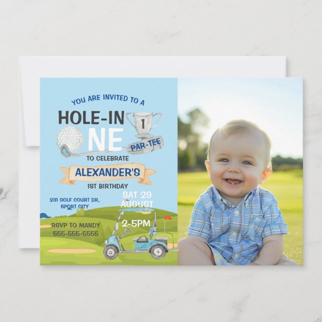 Invitación Golf 1Hole-in-One Photo Birthday Party Boy (Anverso)