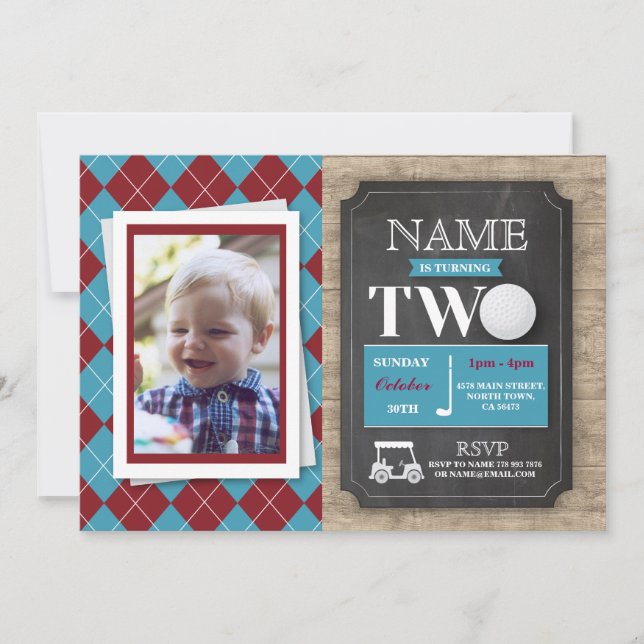 Invitación Golf 2nd Second Two Birthday Party Photo Invite (Anverso)