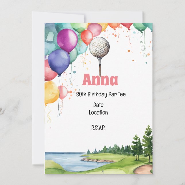 Invitación Golf 30.ª fiesta de cumpleaños con globo (Anverso)