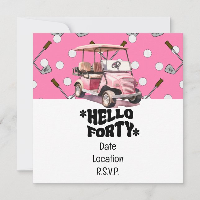 Invitación Golf 40 cumpleaños con una mujer de carrito rosa g (Anverso)