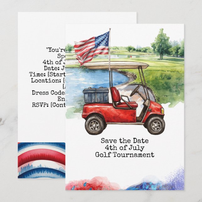 Invitación Golf 4 de julio Día de la Independencia para golfi (Anverso / Reverso)