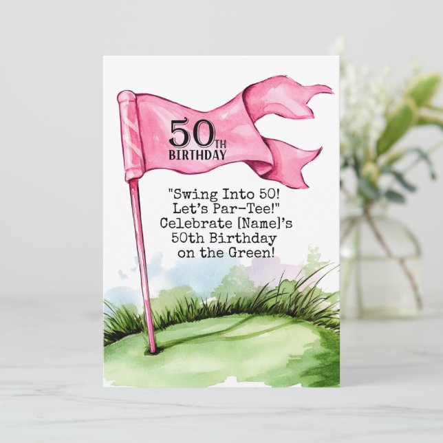 Invitación Golf 50.º cumpleaños Mujer Golfer Tema rosa (Anverso de pie)