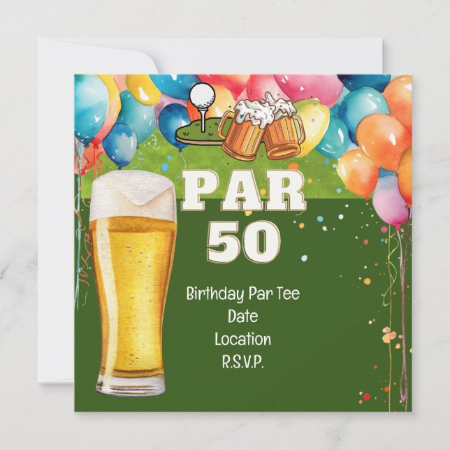 Invitación Golf 50 cumpleaños con golf y cerveza (Anverso)