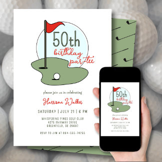 Invitación Golf 50th Birthday Party Hand Drawn Modern Green