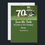 Invitación Golf 70th Birthday Party con carrito de golf para<br><div class="desc">Golf 70th Birthday Party con carrito de golf para golfistas, Prepárense para celebrar con estilo mientras nos vamos para conmemorar el 70º cumpleaños de [Name]! Nuestra exclusiva tarjeta de invitación a jugar al golf marca el tono para una celebración de balanceo en el verde. Con una clásica pelota de golf...</div>