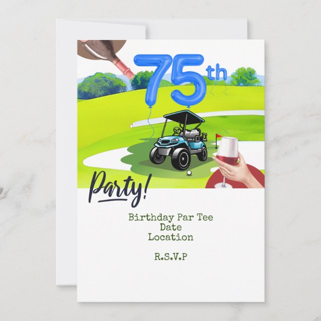 Invitación Golf 75 cumpleaños para golfista con carrito de go (Anverso)