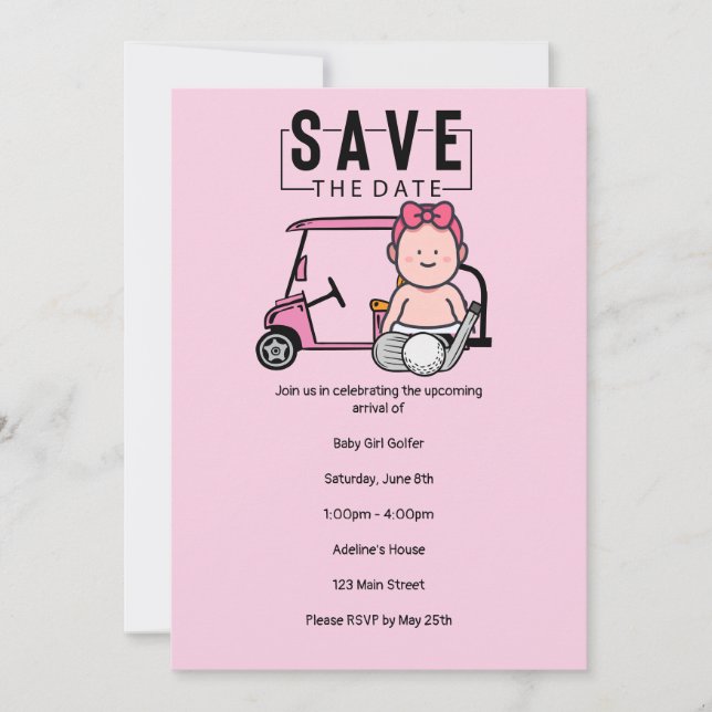 Invitación Golf Baby Shower para Chica salve la fecha fiesta  (Anverso)