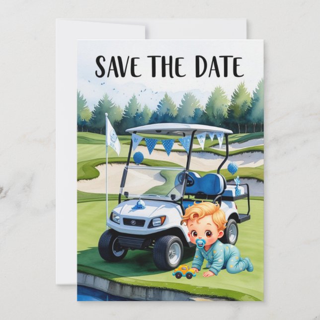 Invitación Golf Baby Shower para niños con carrito de golf en (Anverso)