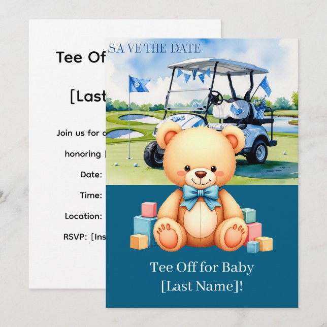 Invitación Golf Baby Shower para niños con carrito de golf en (Anverso / Reverso)